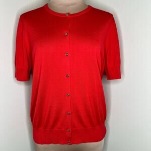 Ann Taylor Silk & Cotton Sweater Cardigan Large Womens Red Short Sleeve Knit Top